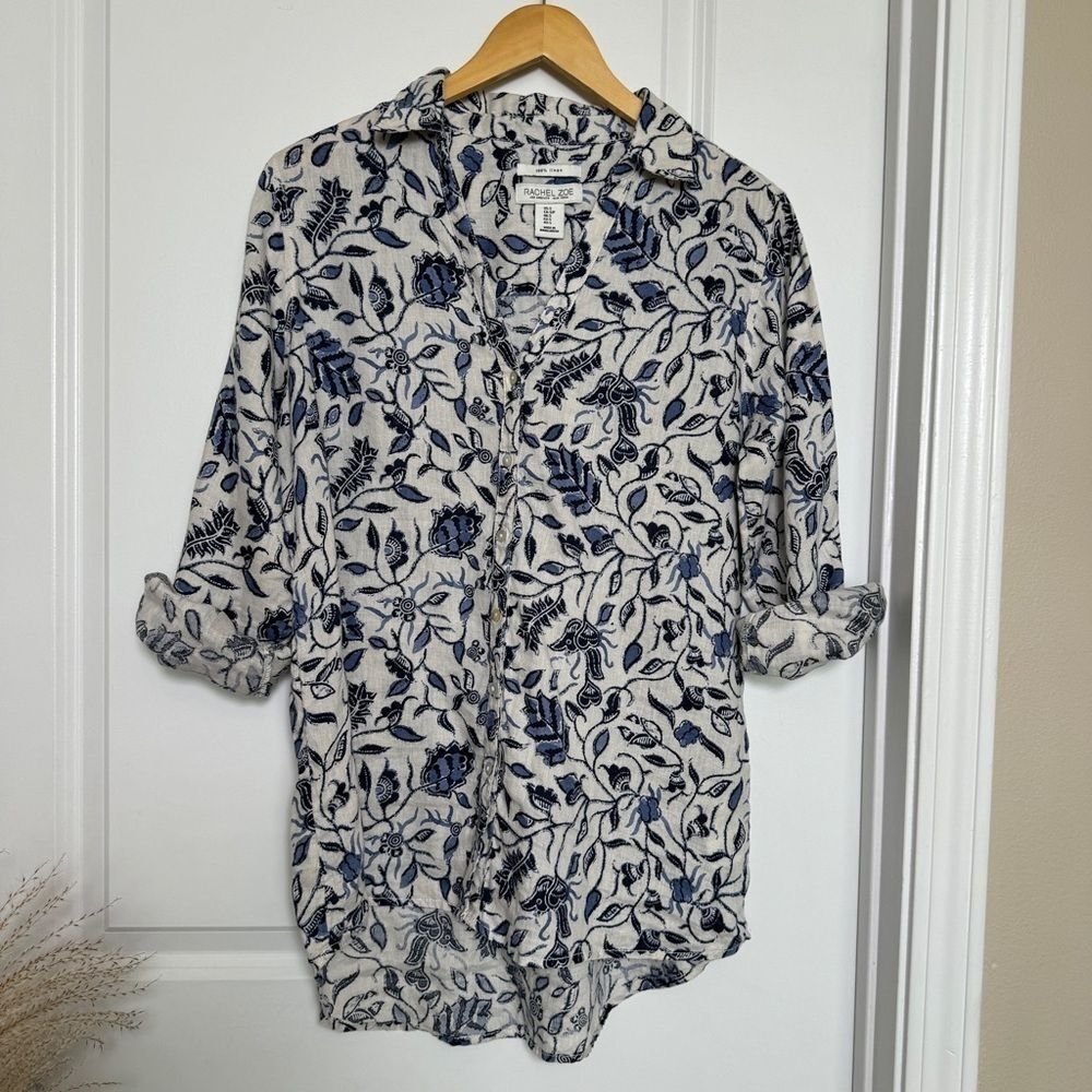 Linen Floral Shirt Coastal Chic Boho Resort Blouse Blue White Euro Summer Top - Picture 2 of 11